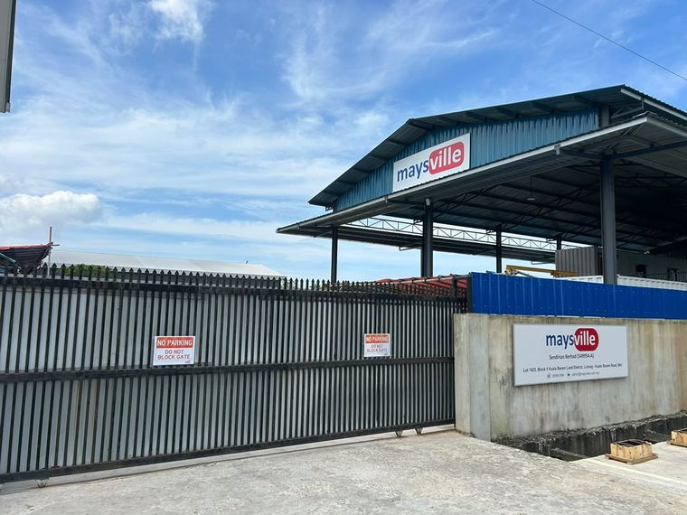 Maysville office and workshop at Kuala Baram, Miri, with the covered yard behind the gate